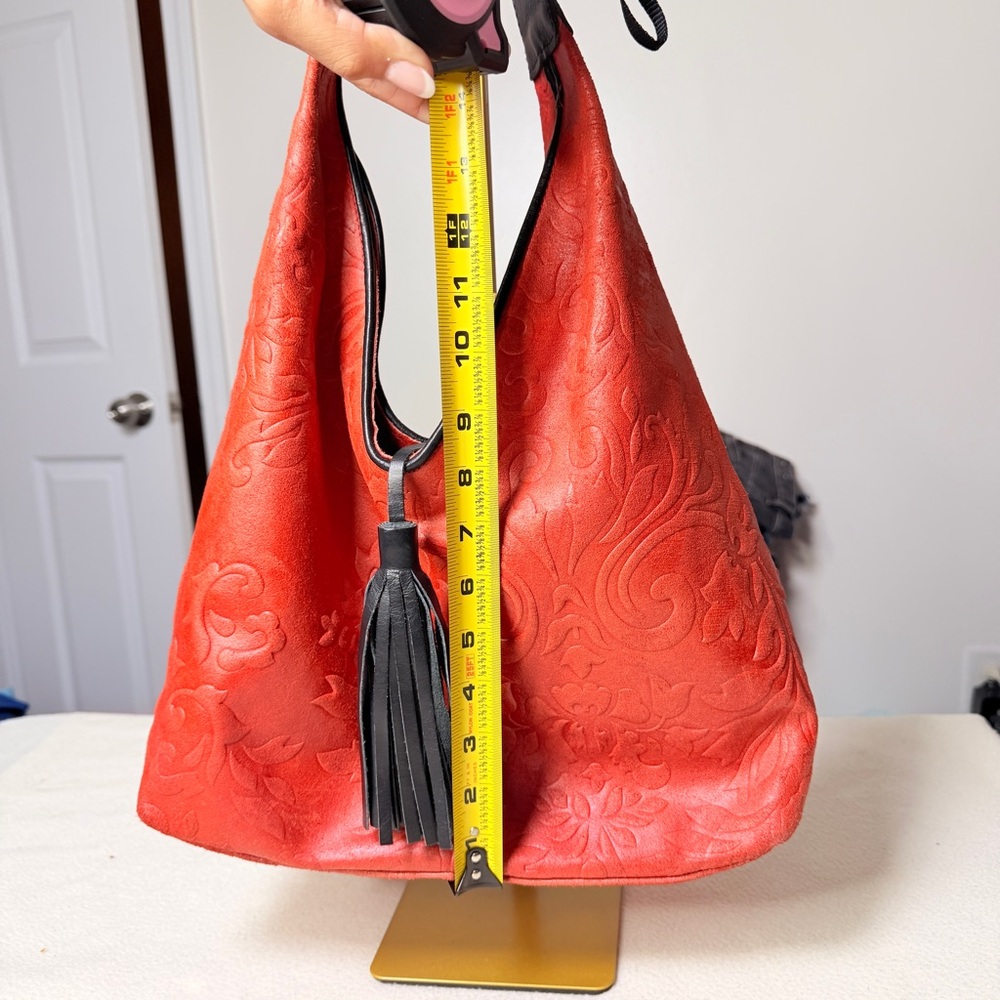 Red Floral-Embossed Hobo Bag with Tassel